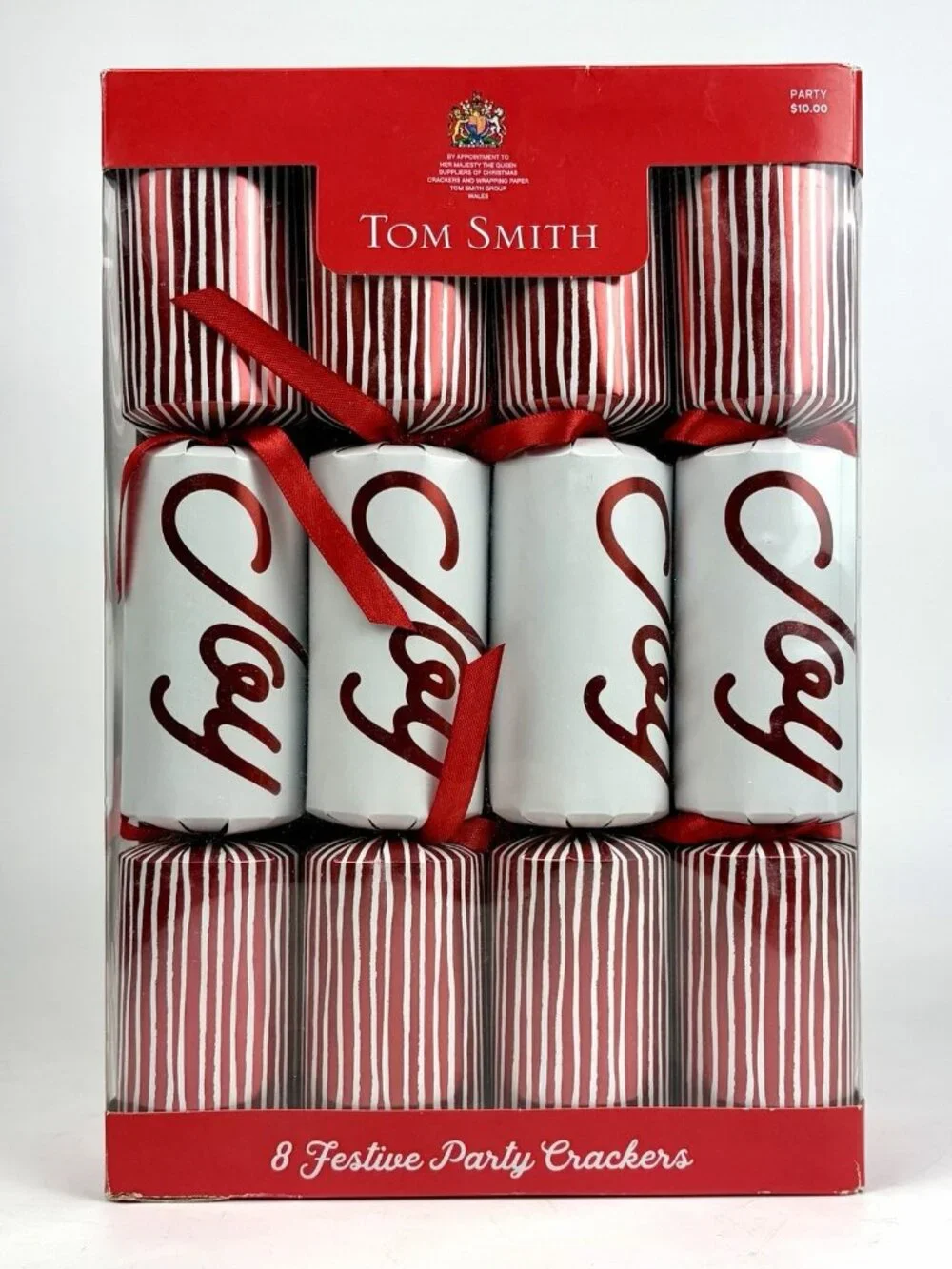 Tom Smith Christmas Box of 8 Party Crackers Red White Stripe Candy Cane Joy